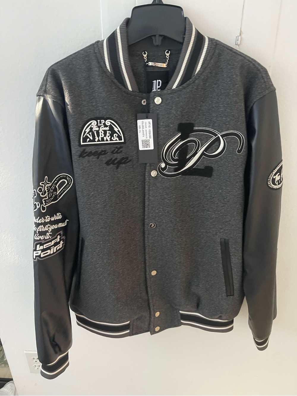 Left Point Charcoal gray Black  Varsity Bomber Jacket college jacket 2XL NWT